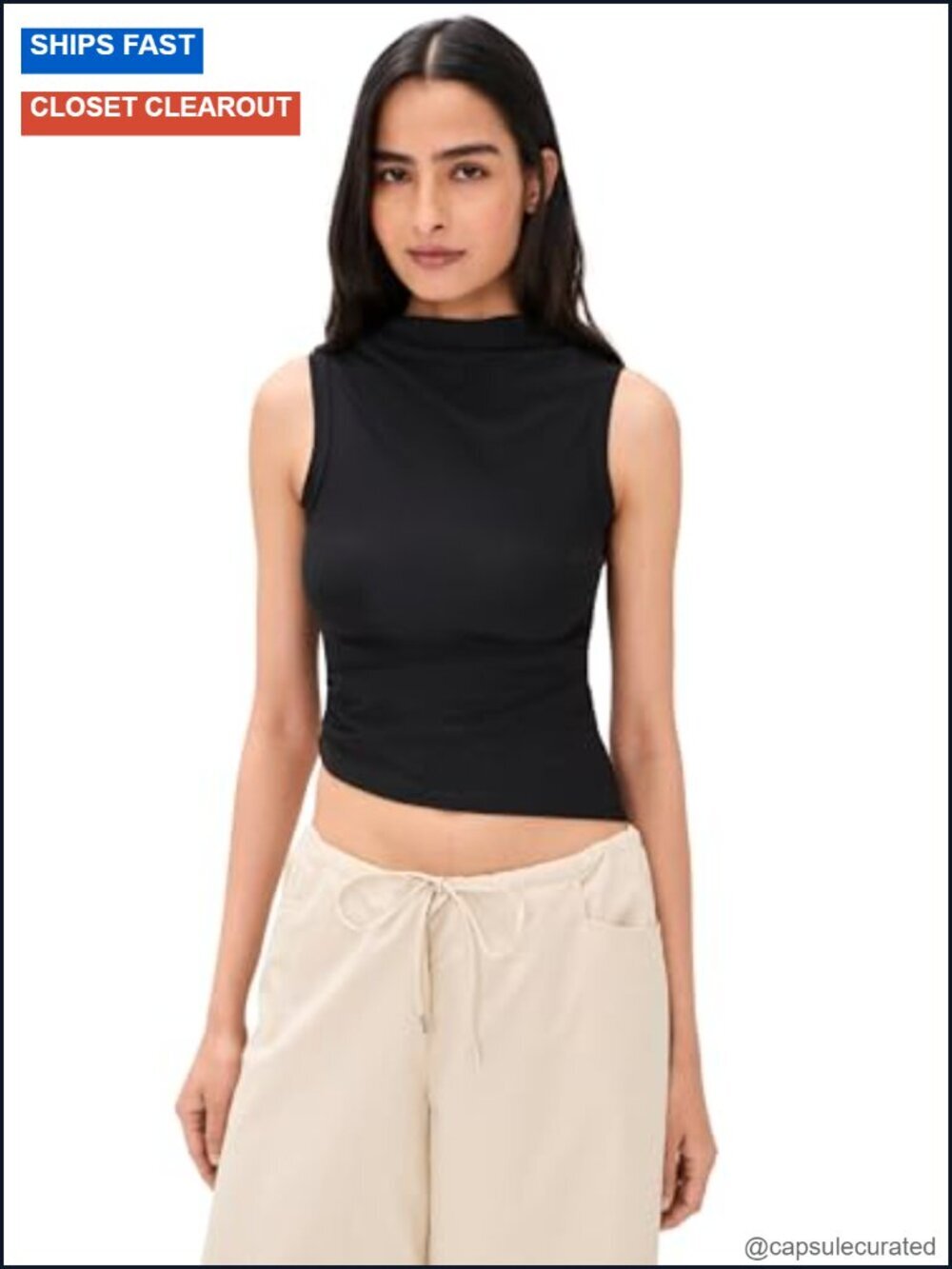 Mock Neck Sleeveless Tank Top - Lightweight Stretch Jersey - Gathered Detail